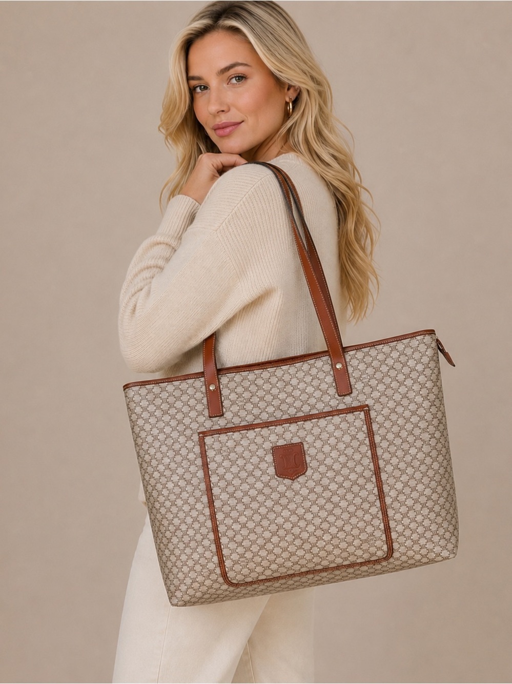 Celine Macadam Coated Canvas Tote Brown Triomphe Logo Large Shoulder Bag CLEAN